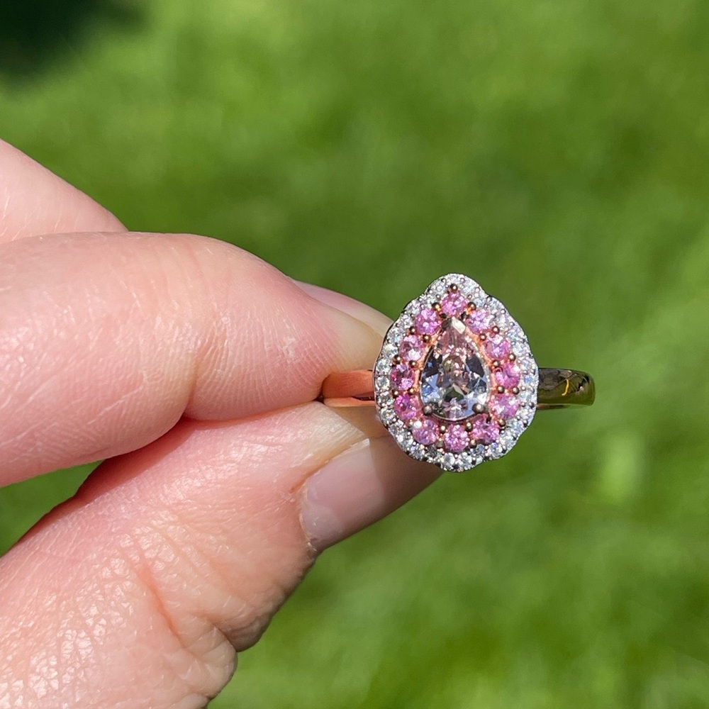 Pink morganite, pink sapphire and Moissanite halo Ring